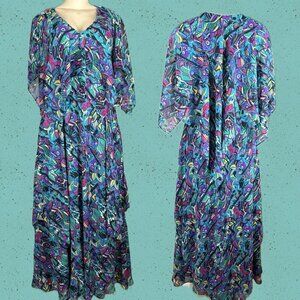 Vicky Tiel M Teal Abstract Peacock V-Neck Layers Lined Zip 1/2 Sleeve Maxi Dress